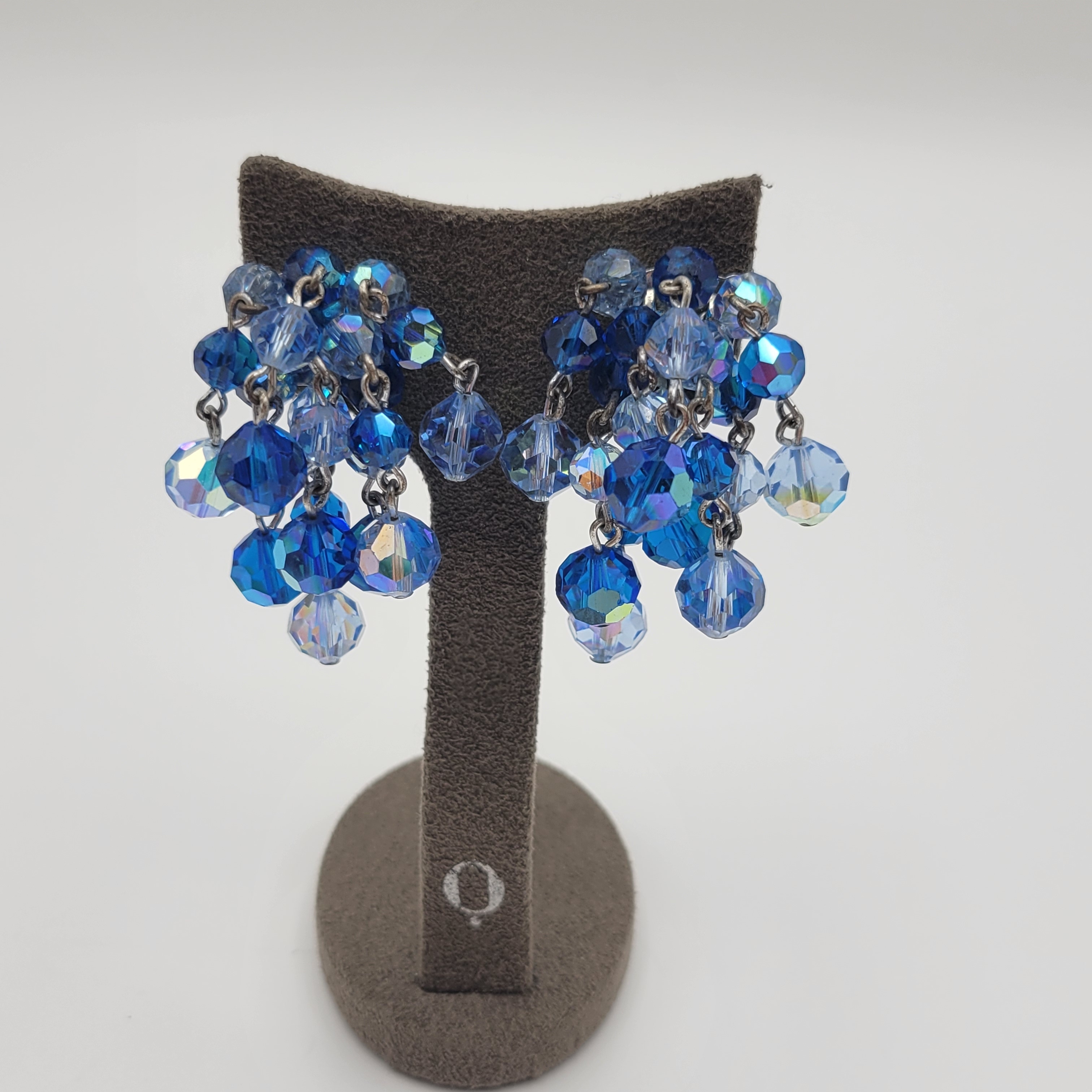 Vintage Laguna Royal Blue Cluster Dangle Waterfall Glass Clip On Earrings